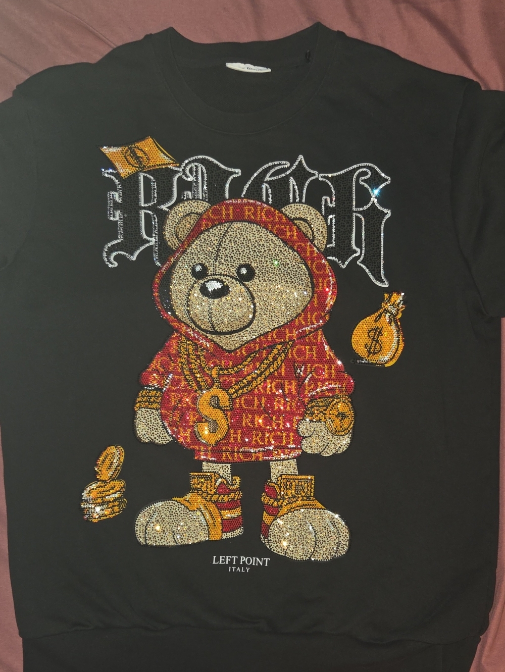 Left Point Black Crewneck Sweater with Teddy Graphic